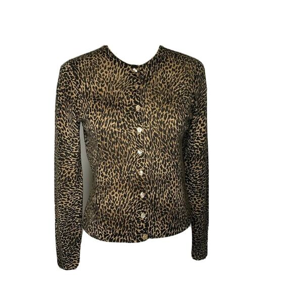 Rena Rowan Leopard Button Front Cardigan Sweater long sleeve brown Sz M/p - Picture 1 of 12